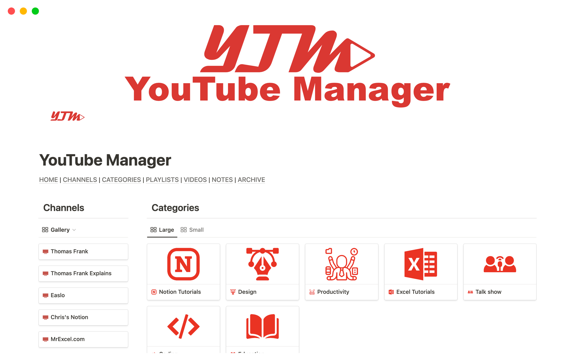 This free template is designed for managers who struggle to find specific YouTube channels, have difficulty organizing their channels into categories, have multiple YouTube accounts, and lose track of videos.