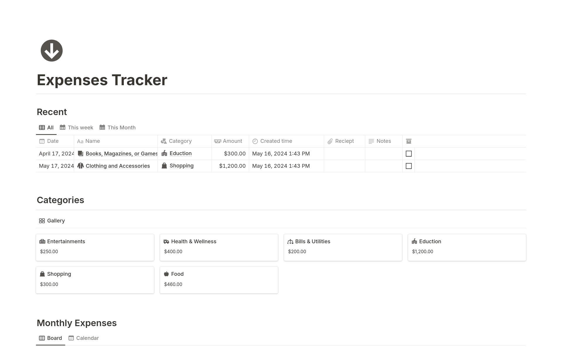 Vista previa de plantilla para Expenses Tracker