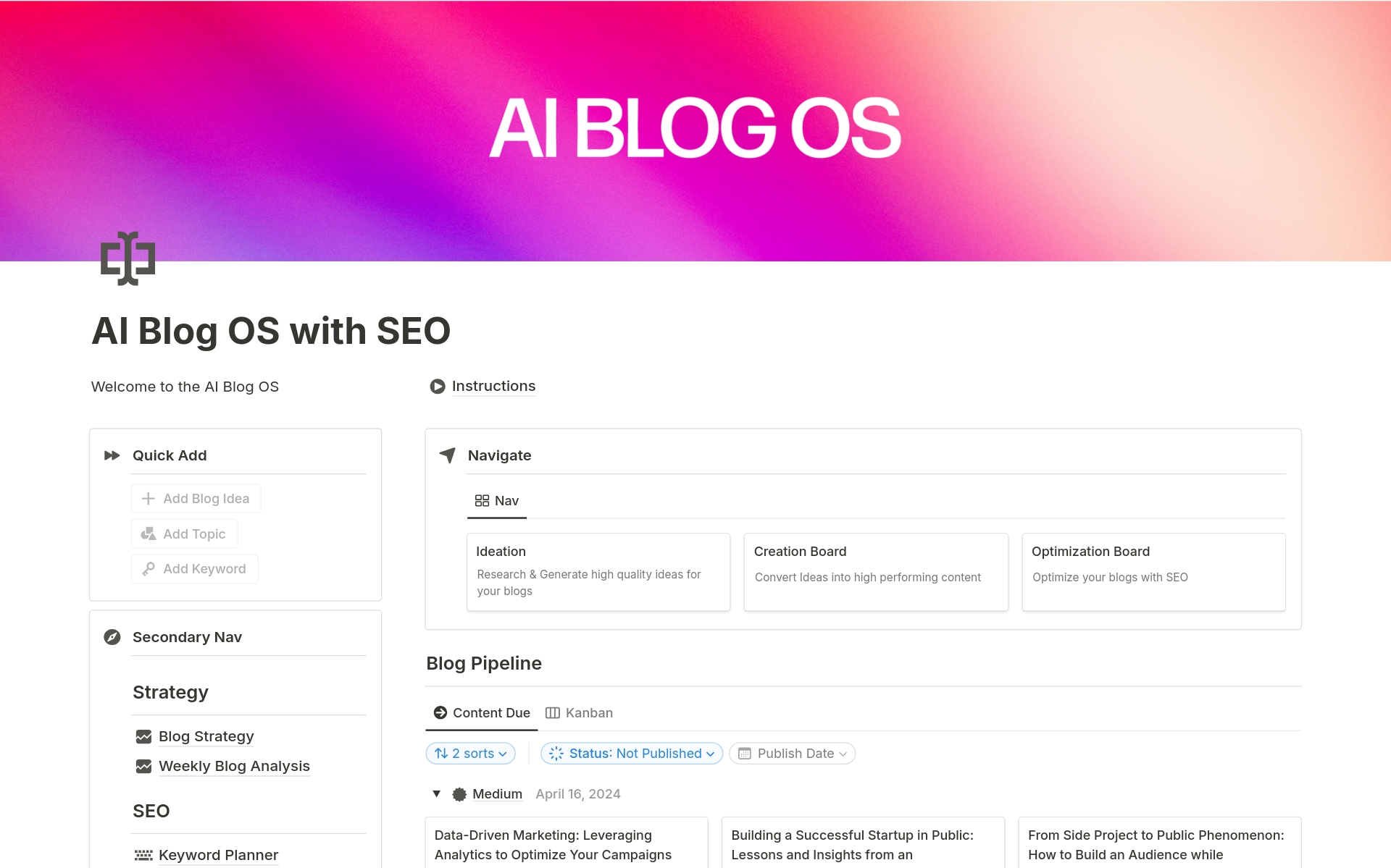 Eine Vorlagenvorschau für AI Blog OS with SEO