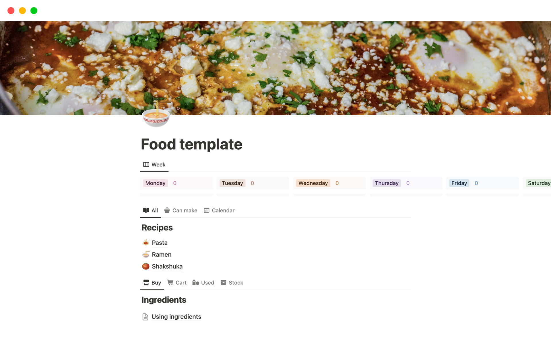 A template preview for Recipes