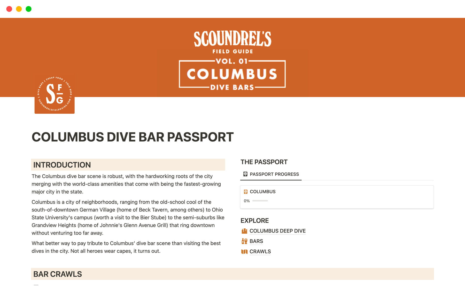 Start your epic journey through Columbus' best dive bars with this passport. This Notion template includes over 30 dive bar recommendations with unique ratings, descriptions, images and more to prep you for your visit.