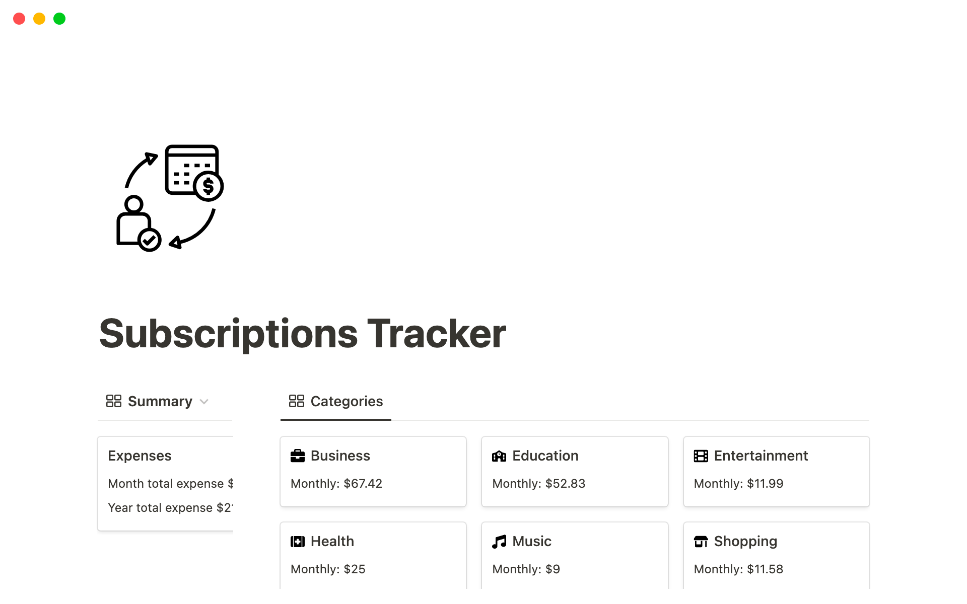 A template preview for Subscriptions Tracker Template
