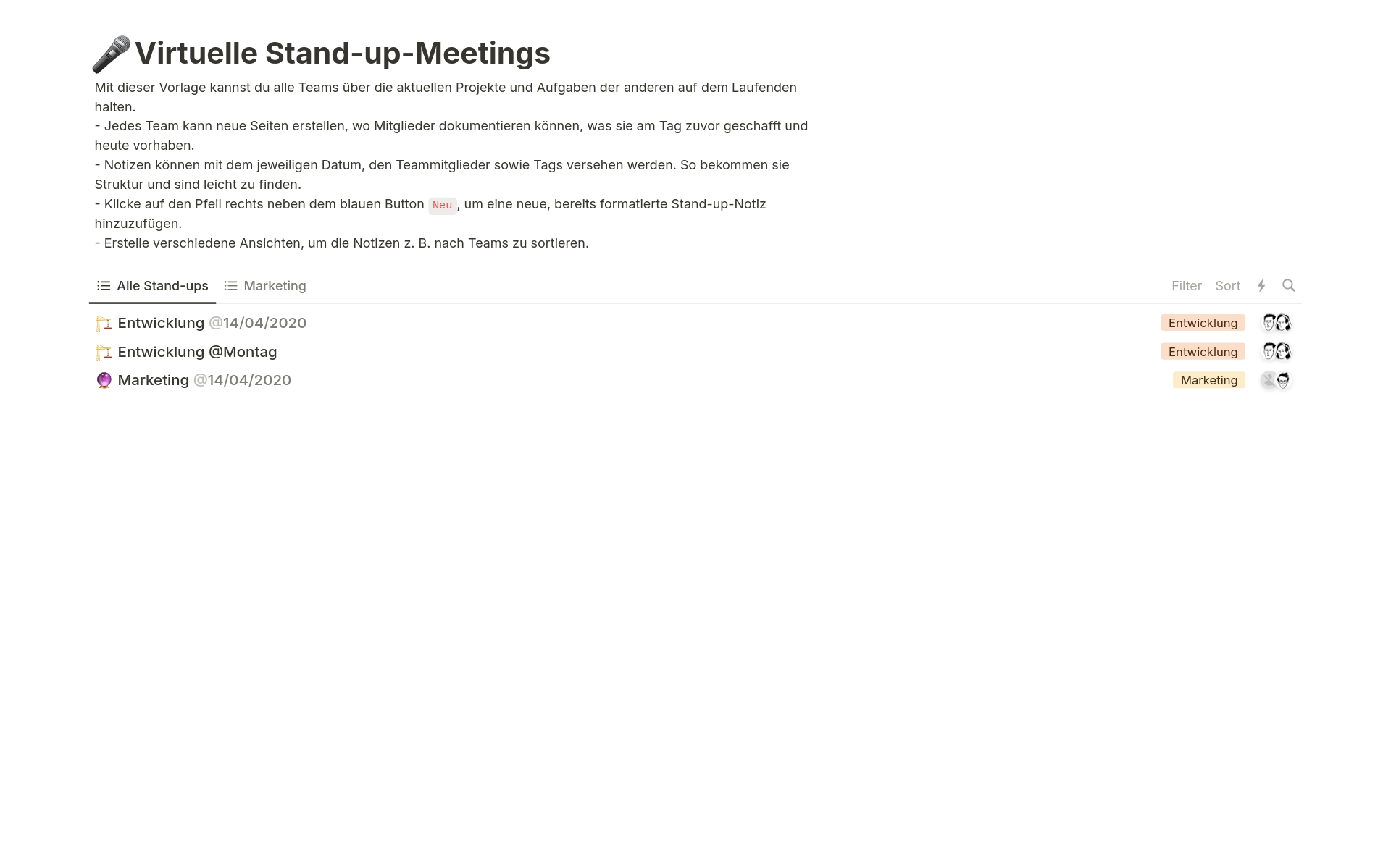 Eine Vorlagenvorschau für Virtuelle Stand-up-Meetings