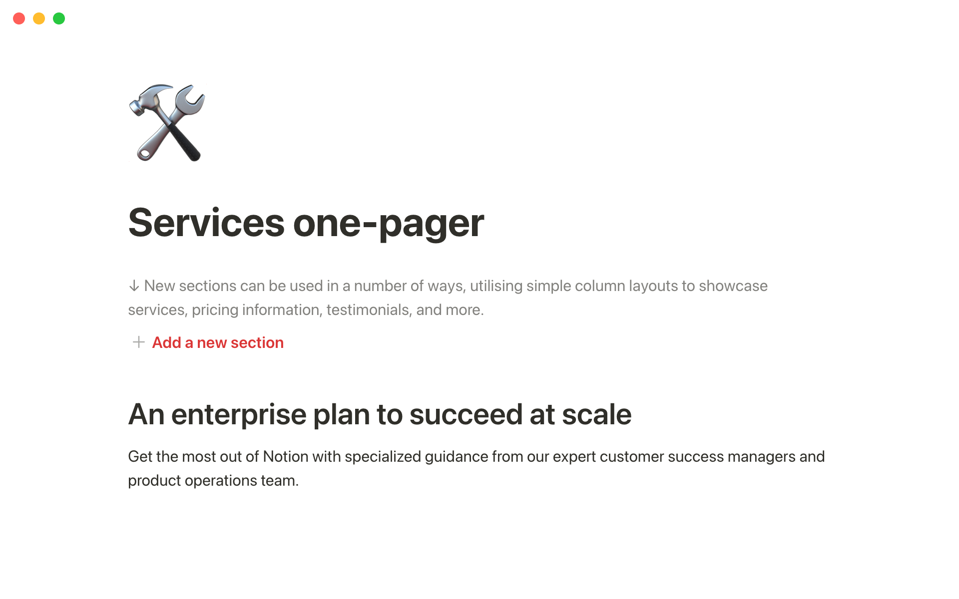 A template preview for Notion's sales one-pager: Services overview