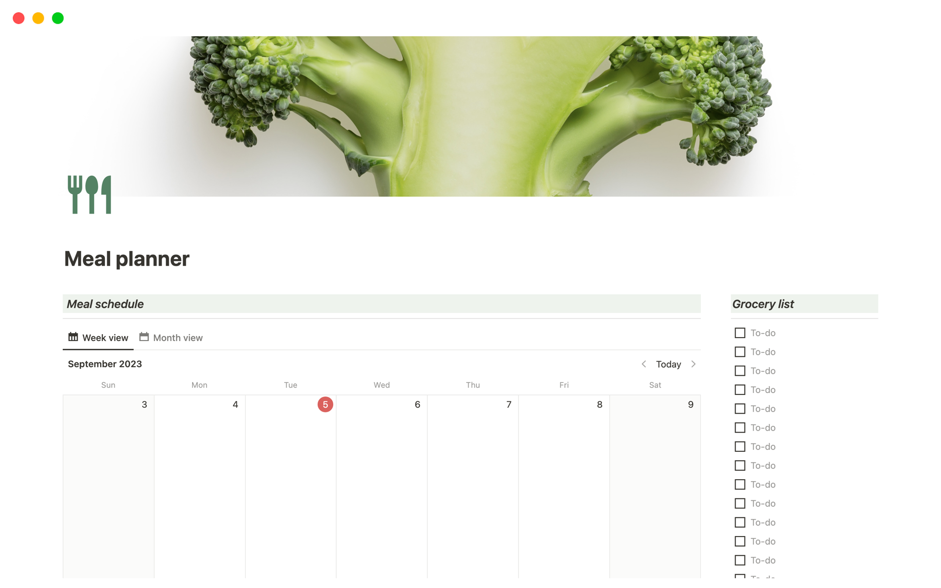 This template empowers you to efficiently arrange and manage your recipes, grocery lists, meal schedules, dietary goals, and more.