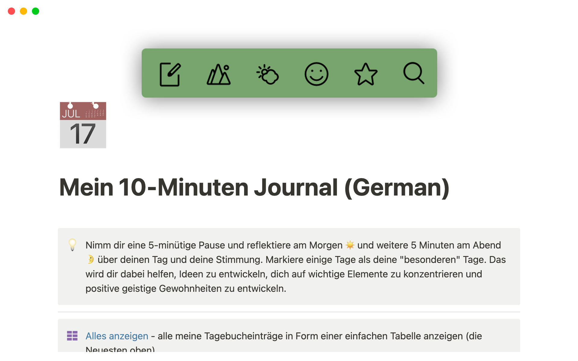 A template preview for Mein 10-Minuten Journal