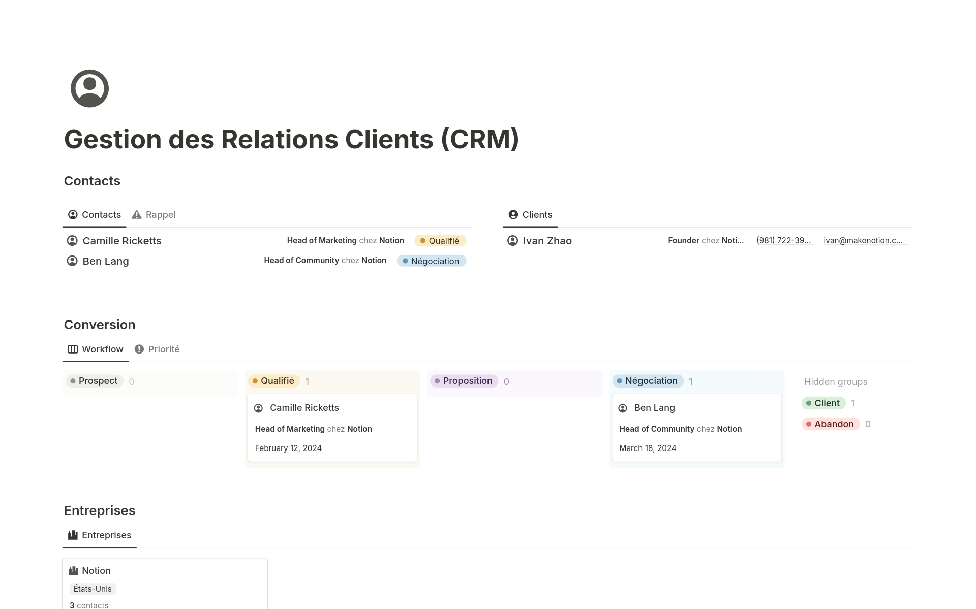 Gestion des Relations Clients (CRM)のテンプレートのプレビュー
