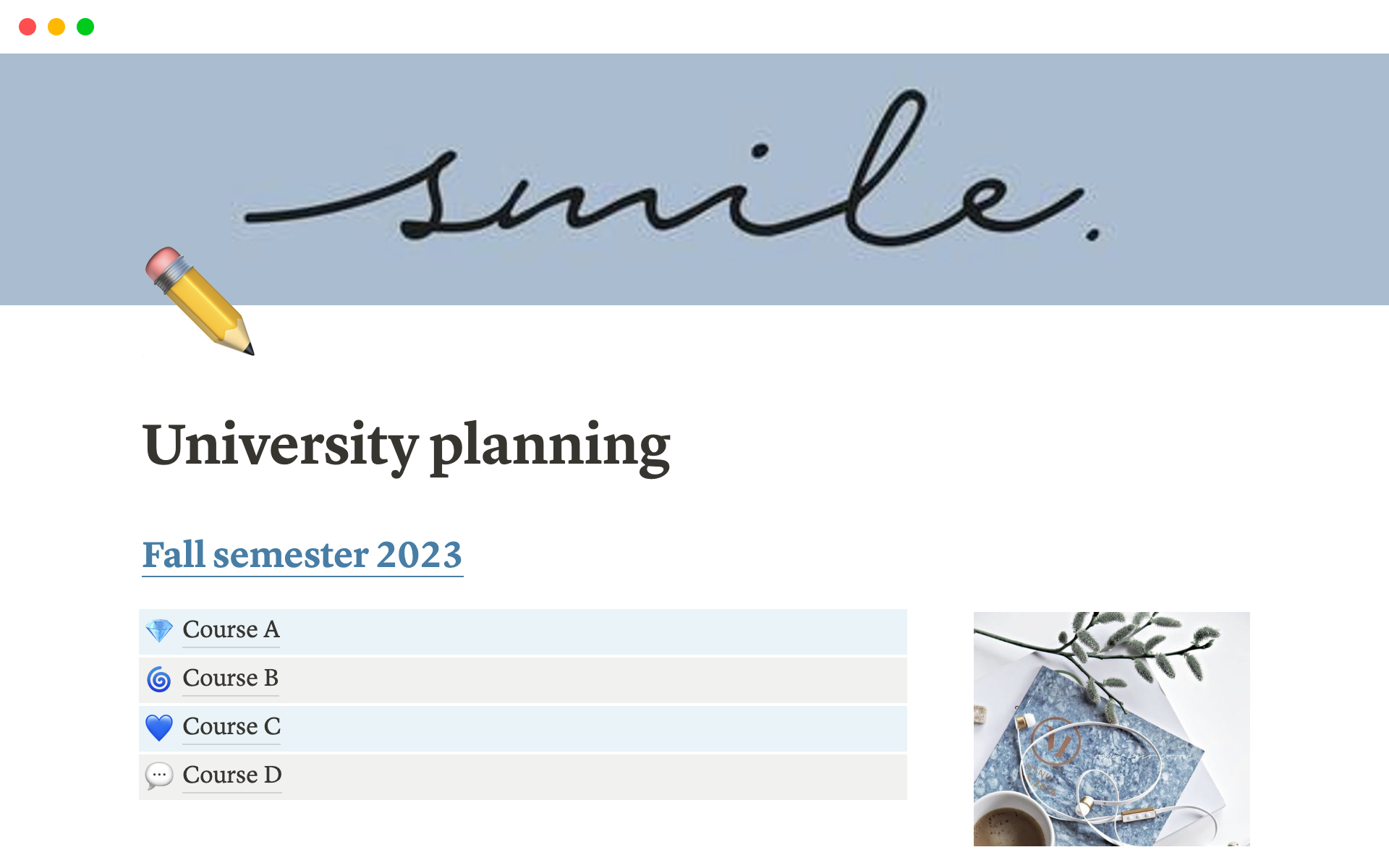 A template preview for University planning
