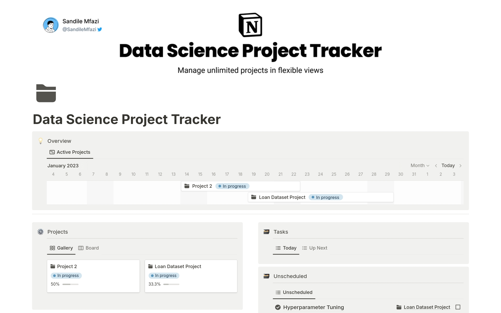 En förhandsgranskning av mallen för Data Science Project Tracker