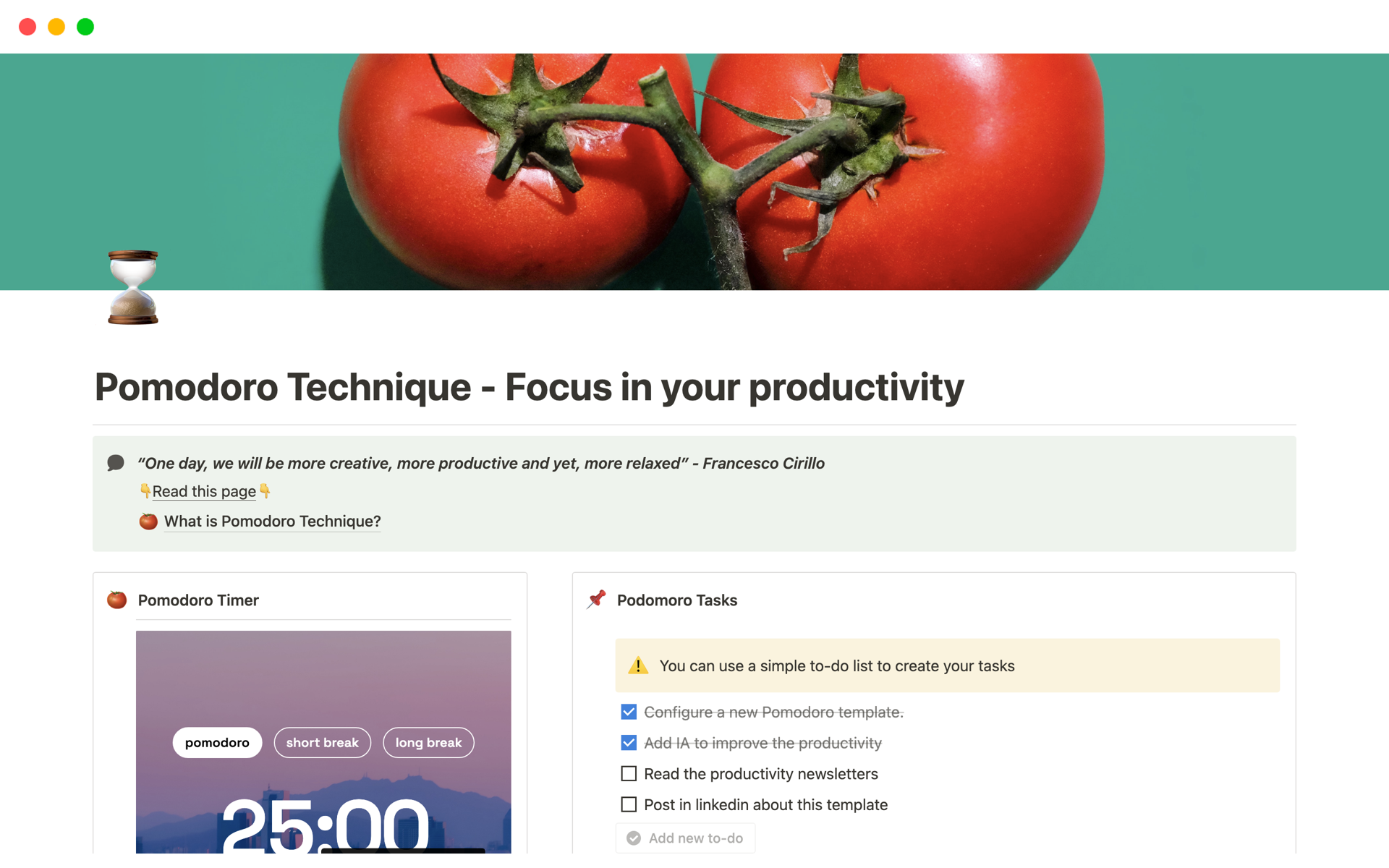 A template preview for Pomodoro Technique - Focus in your productivity