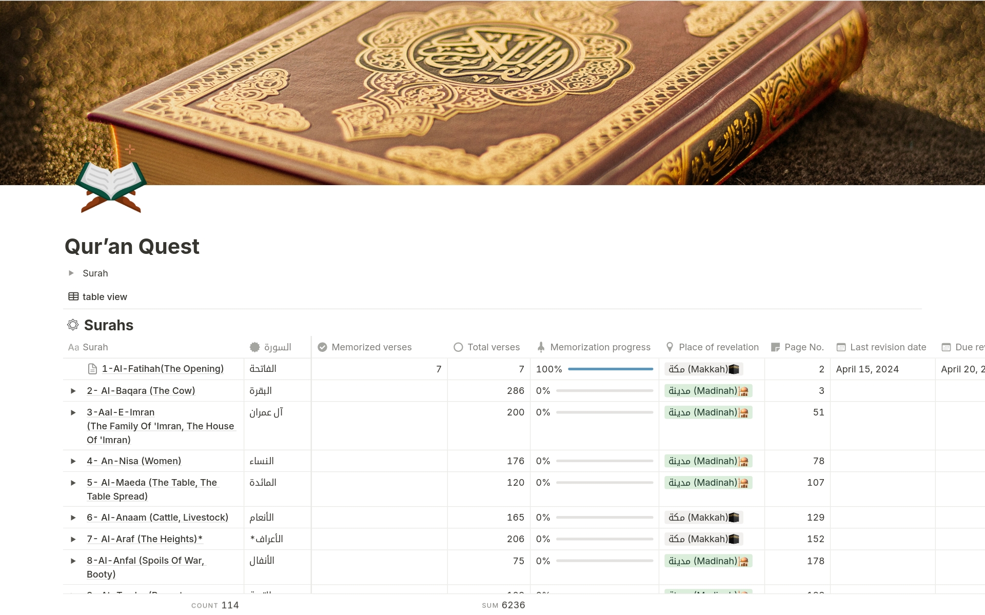 This template offers you a simple but engaging way to track your progress in memorizing the Quran, including your revisions, and deepen your relationship with the Holy Book.

