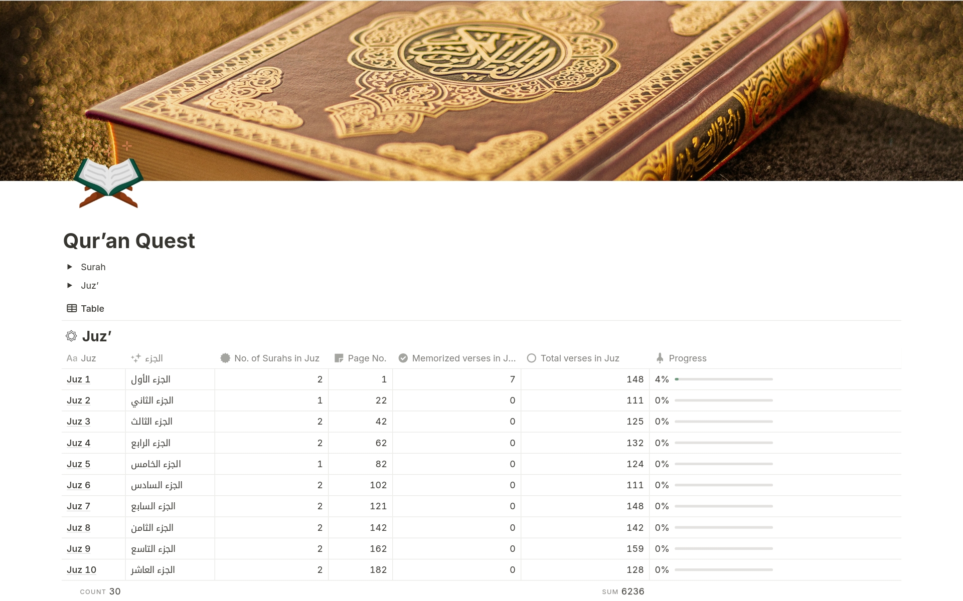 This template offers you a simple but engaging way to track your progress in memorizing the Quran, including your revisions, and deepen your relationship with the Holy Book.


