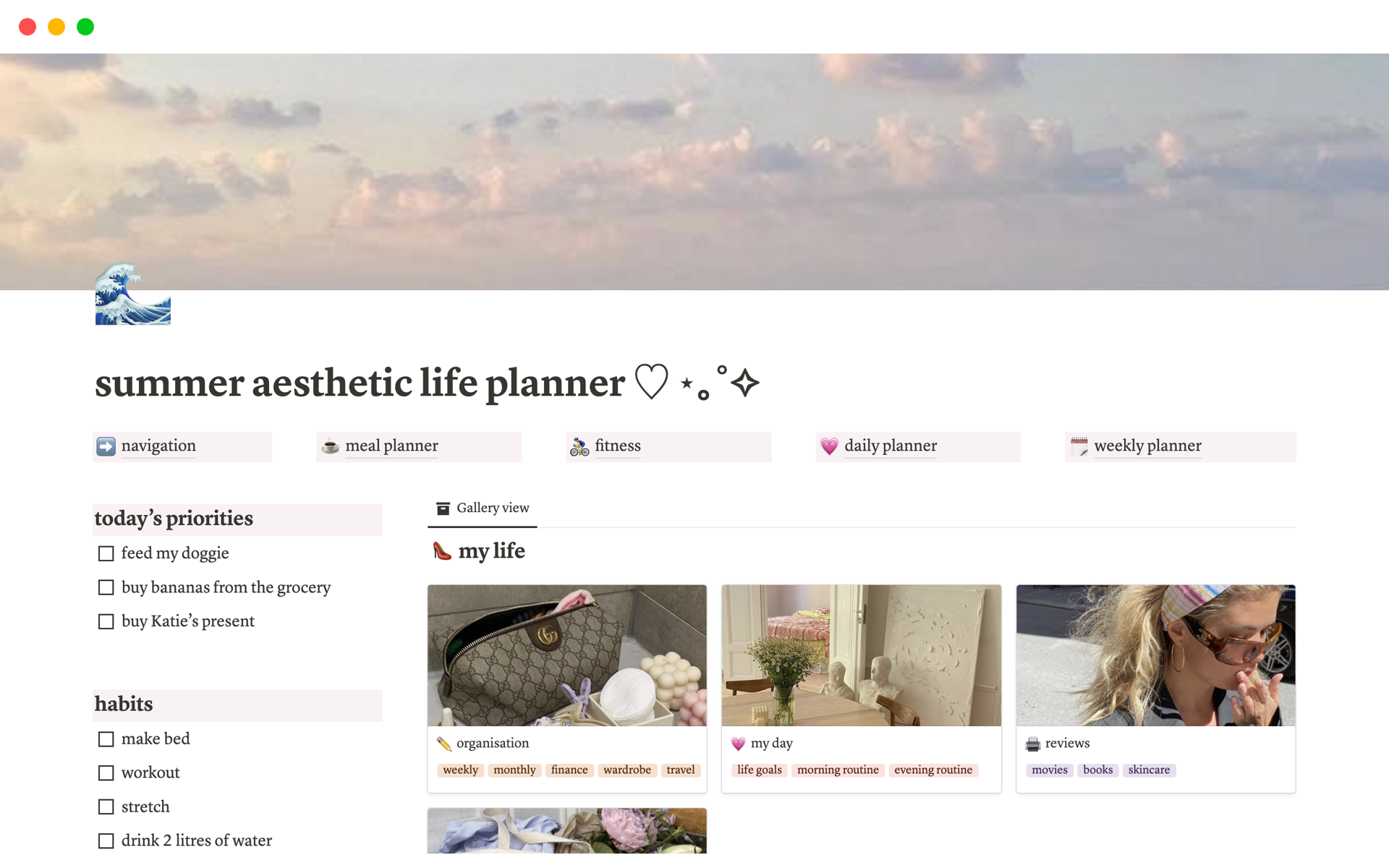 Get ready to be organised with this aesthetic summer that girl themed notion life planner template that has been carefully developed to coordinate your chores, schedule and much more.