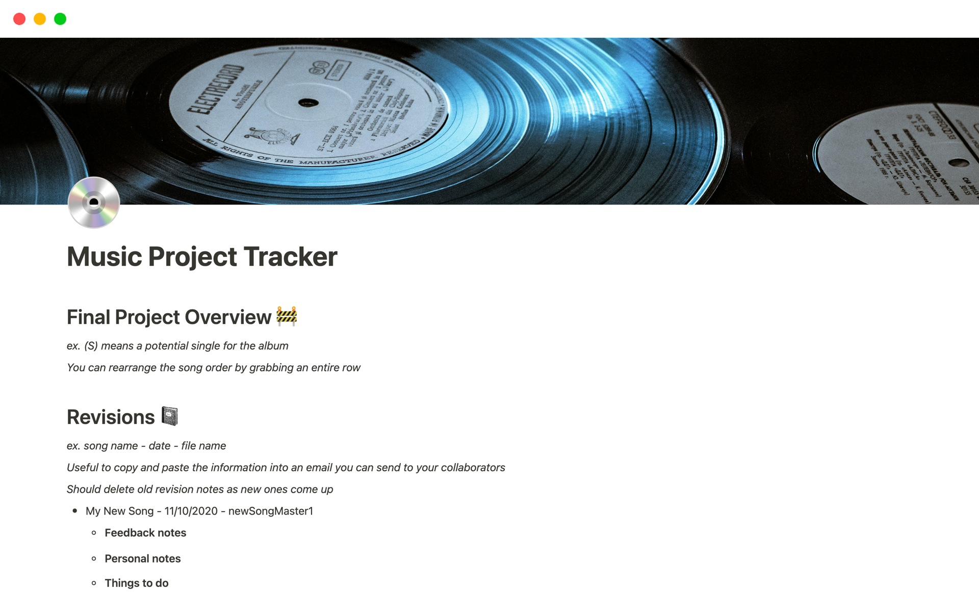 A template preview for Music Project Tracker