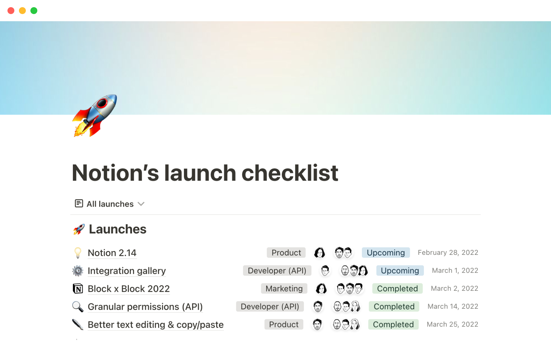 Vista previa de una plantilla para Notion’s launch checklist