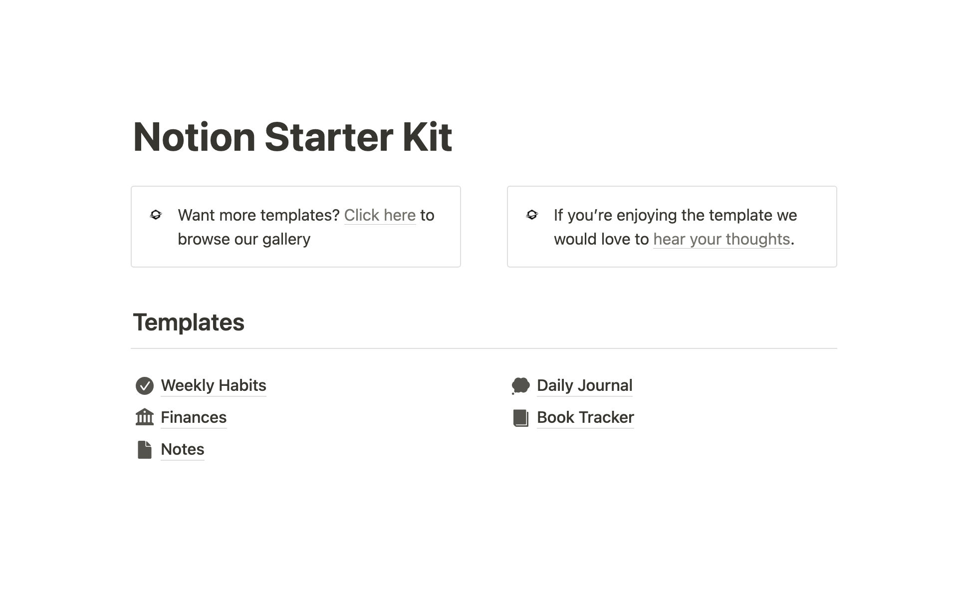 Eine Vorlagenvorschau für Notion Starter Kit
