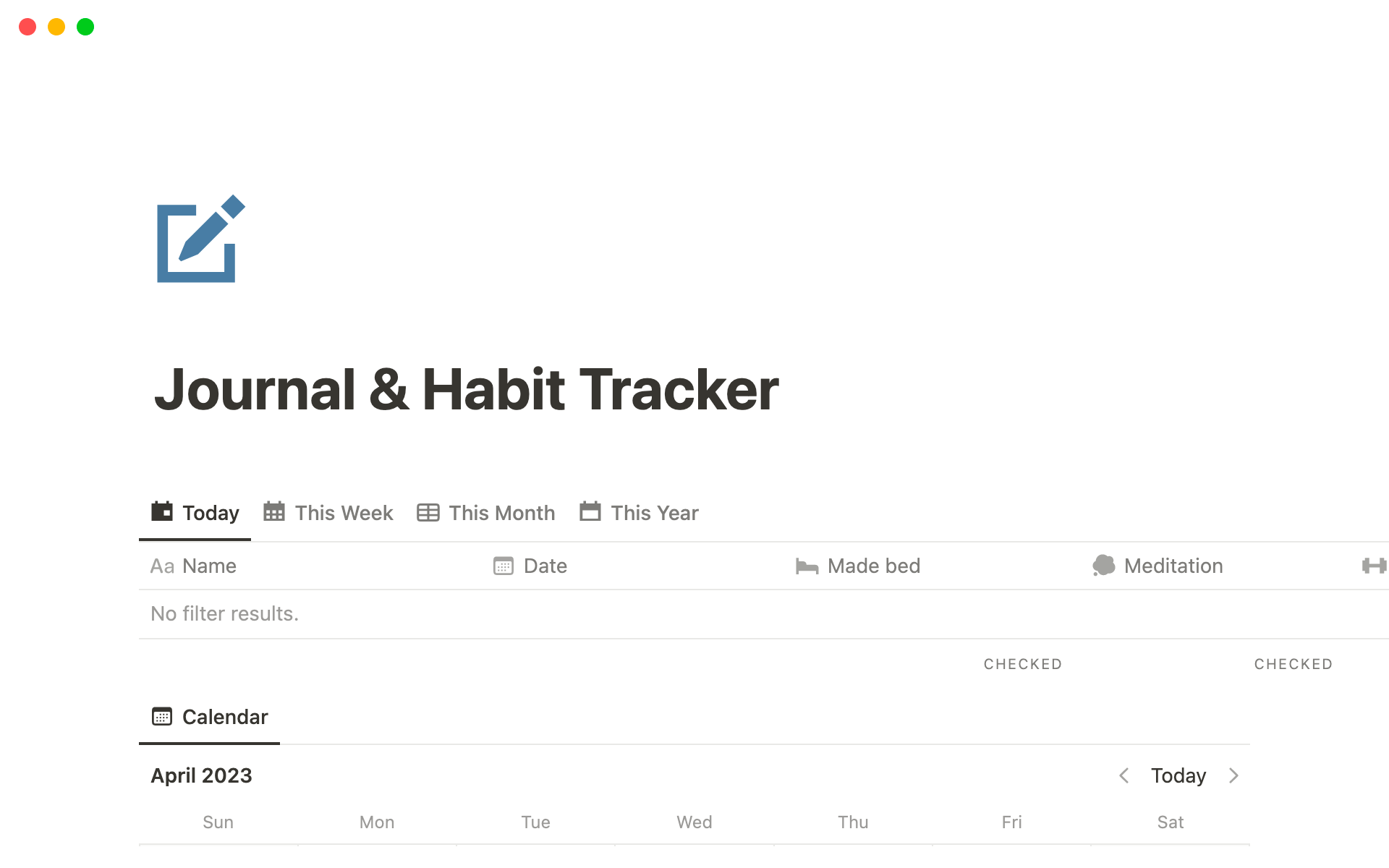 En förhandsgranskning av mallen för Journal & Habit Tracker