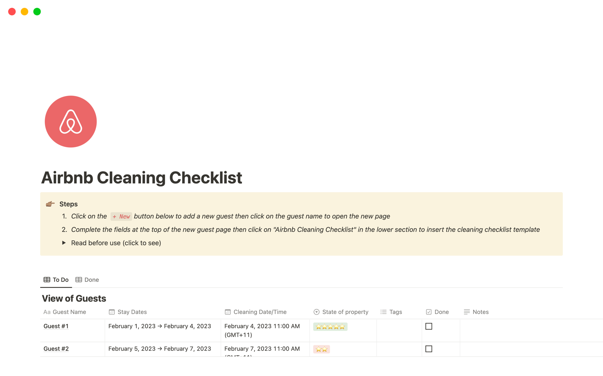 Airbnb Cleaning Checklist Notion Template
