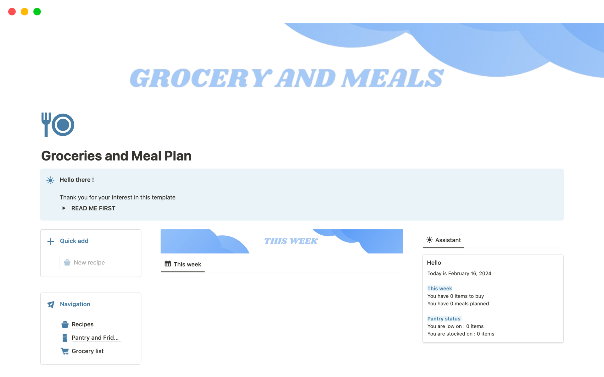 A template preview for Groceries and Meal Plan