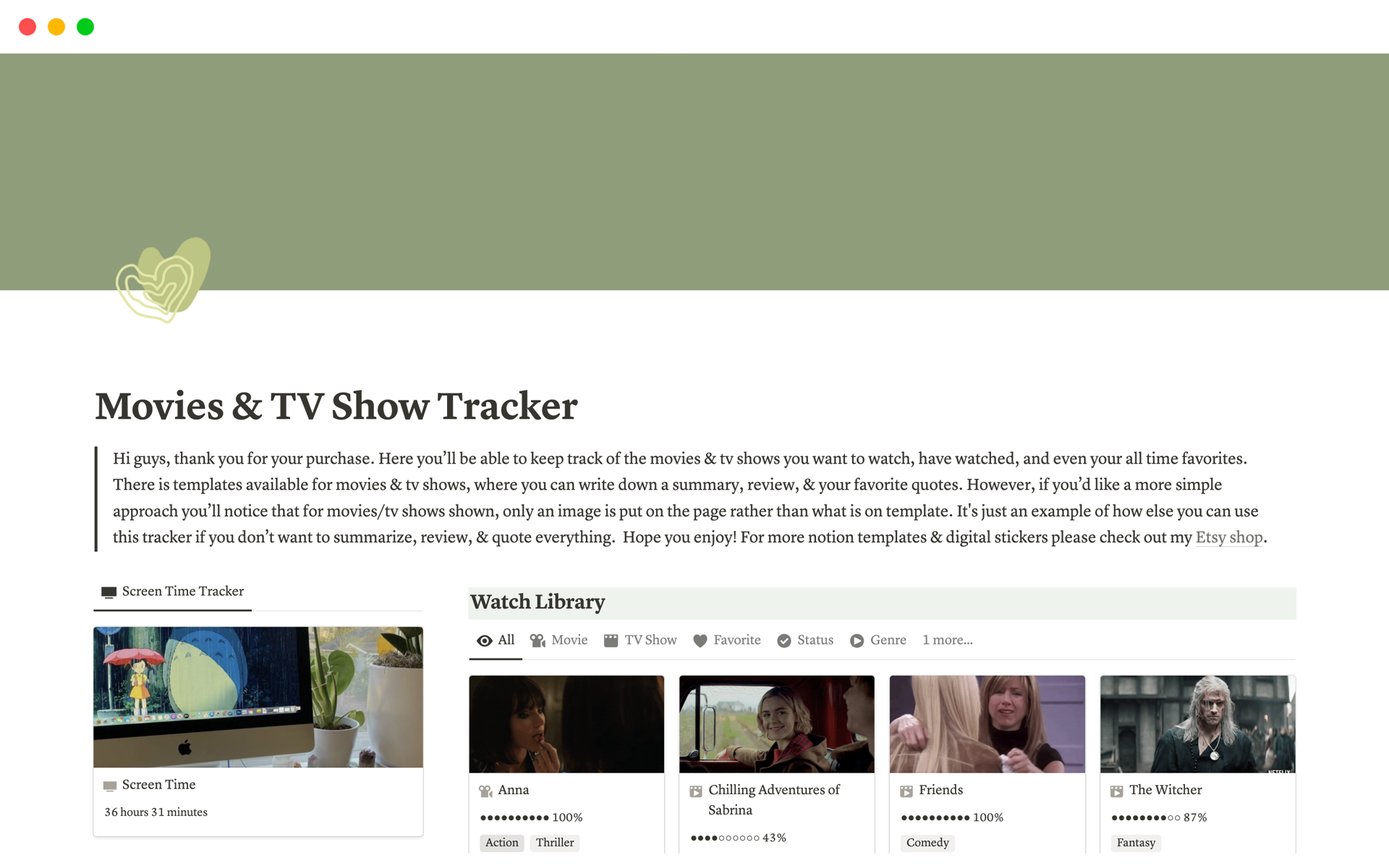 A template preview for Movies and TV Show Tracker