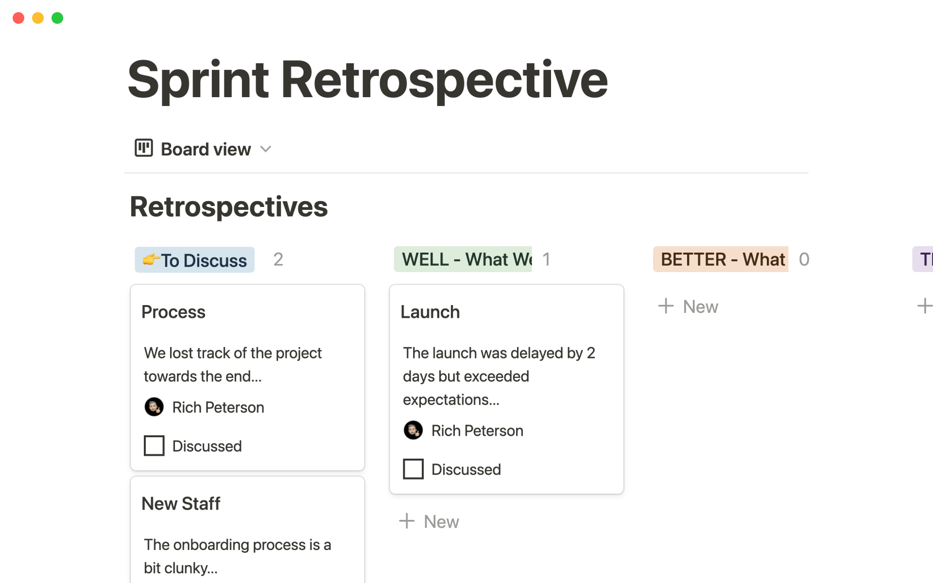 Track discussion topics, feedback, and actionable to-do’s so agile teams can continuously improve their work—without reinventing the wheel in this Sprint Retro template.