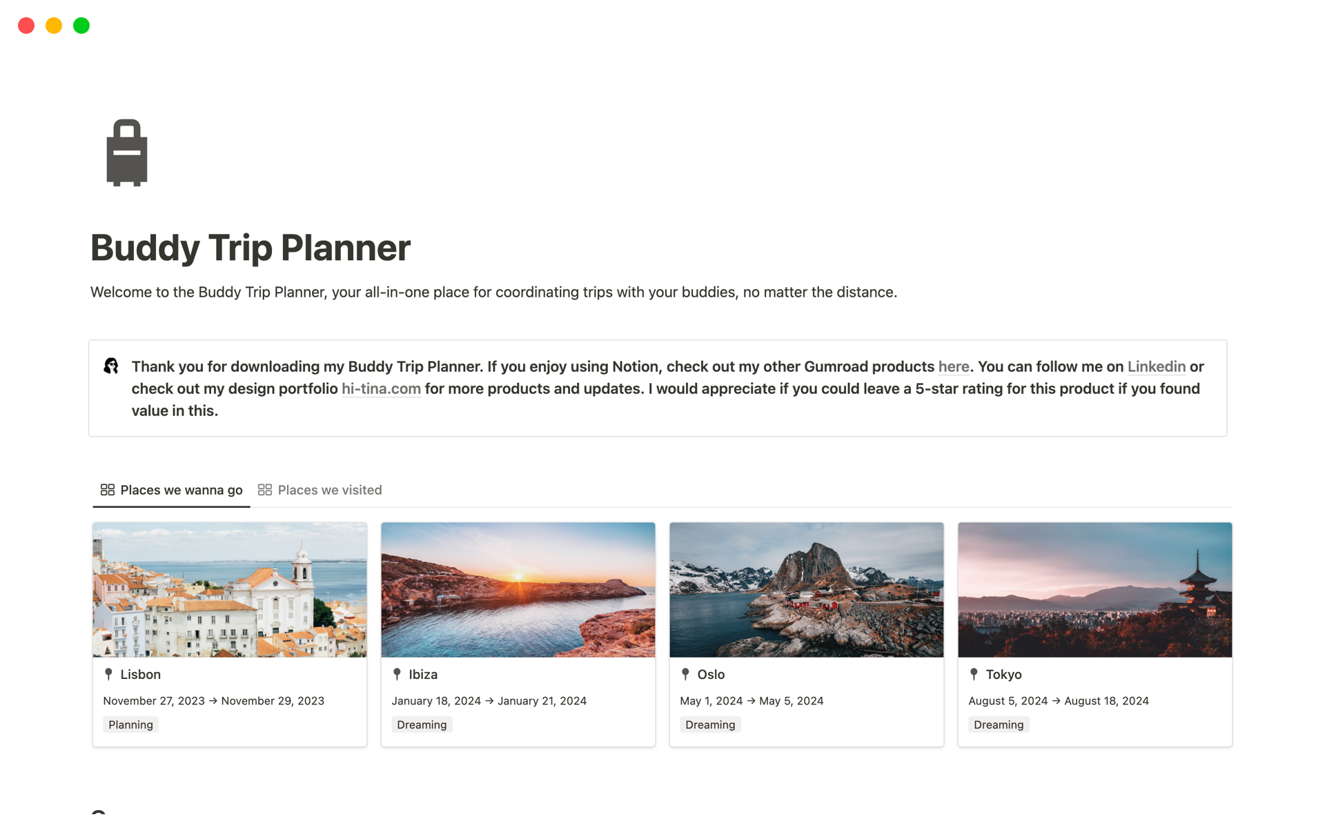 A template preview for Buddy Trip Planner