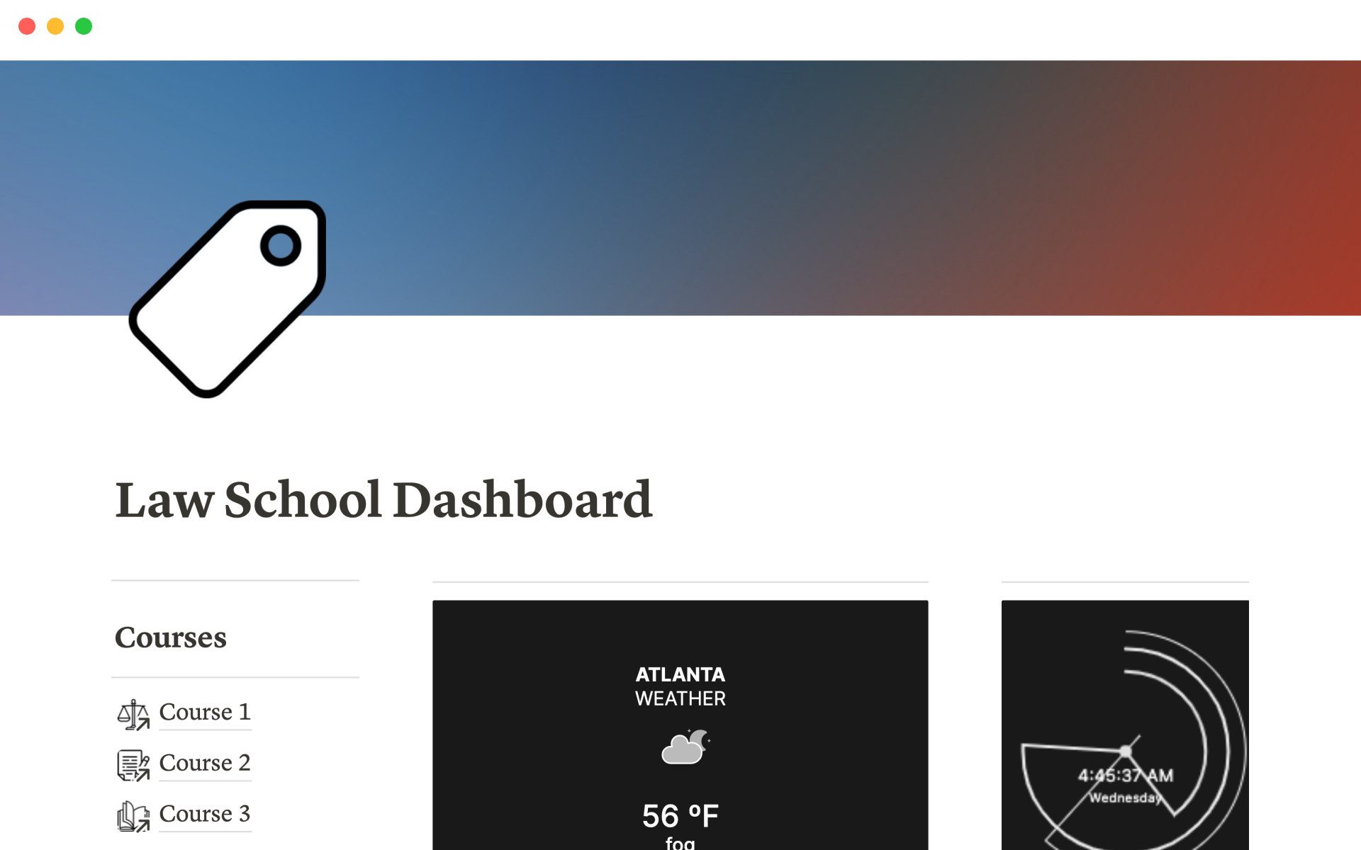 A template preview for Law school dashboard