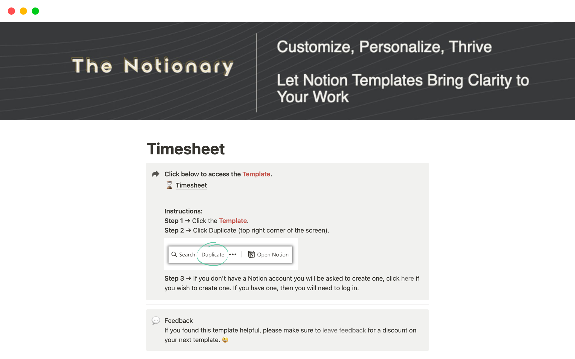 Aperçu du modèle de Timesheet