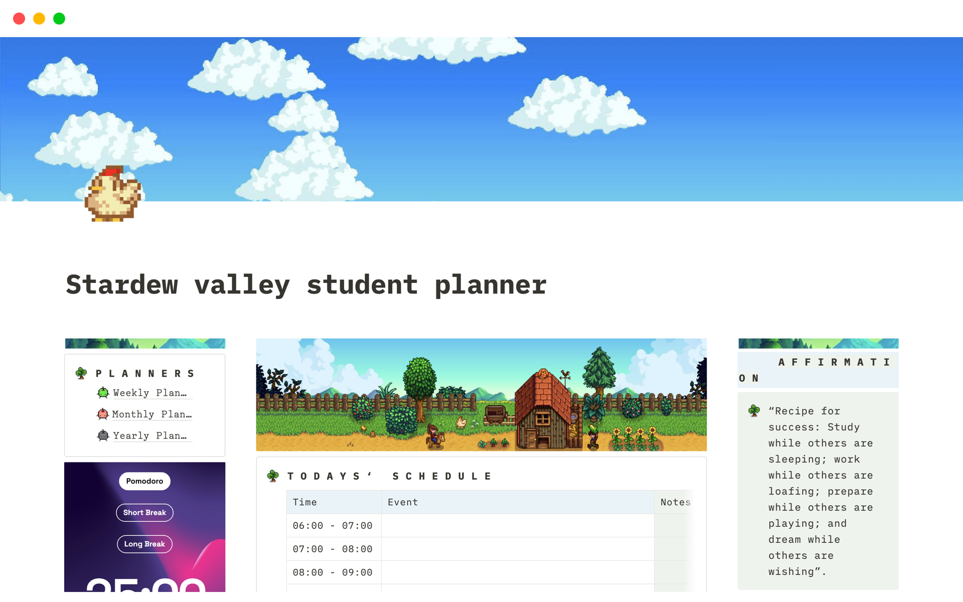 A template preview for Stardew valley Student Planner