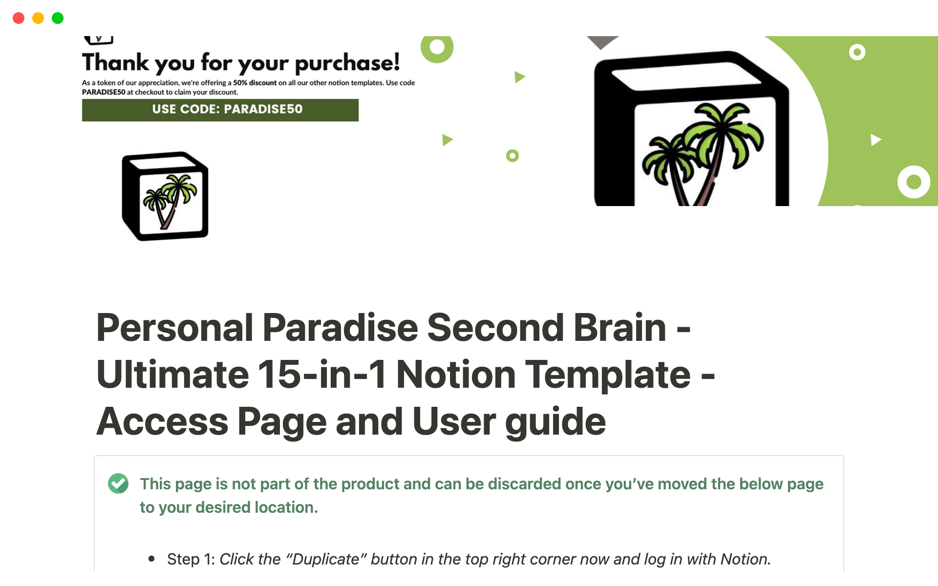 A template preview for Personal Paradise Second Brain: Ultimate 15-in-1 Notion Template