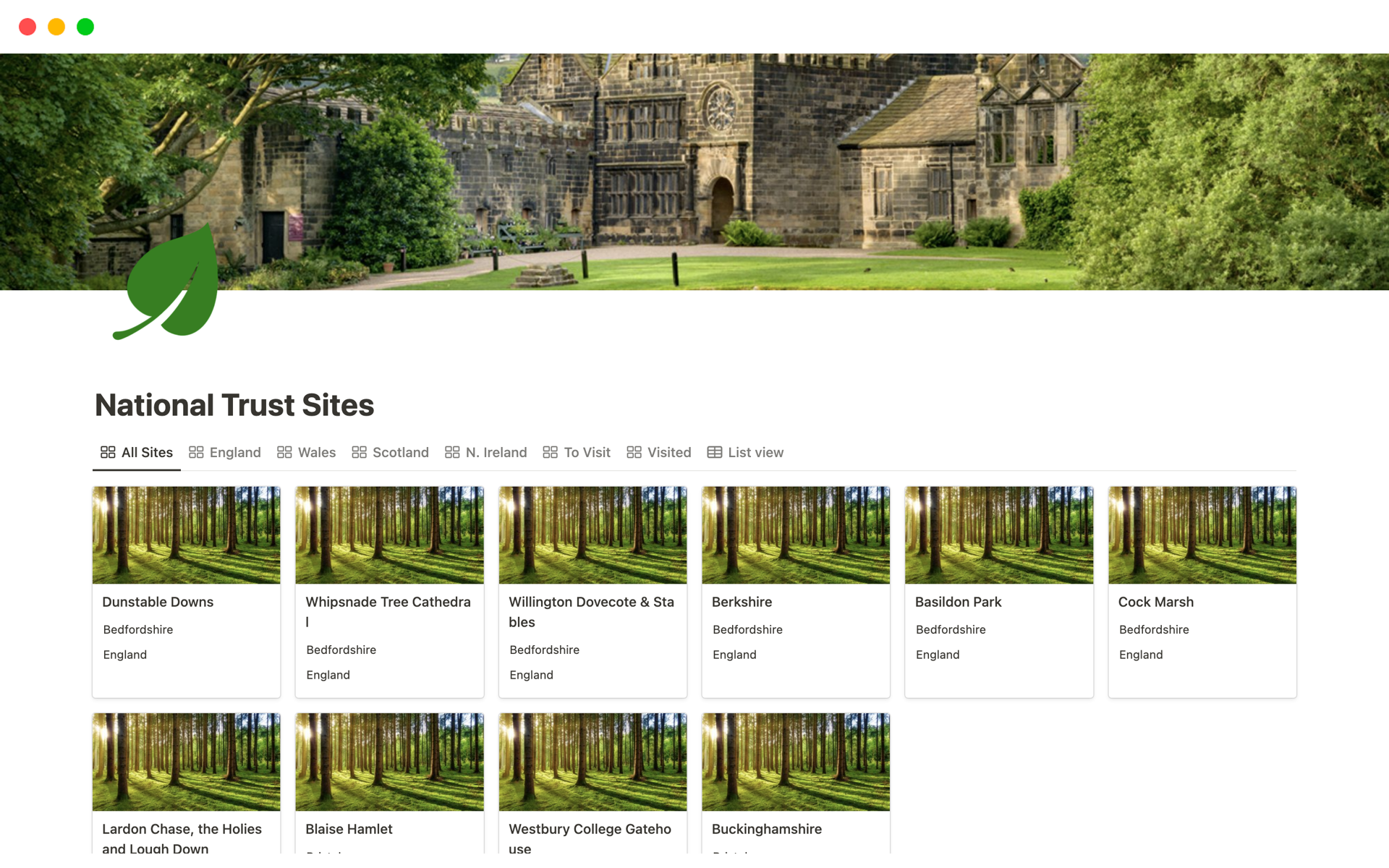 Eine Vorlagenvorschau für National Trust Sites