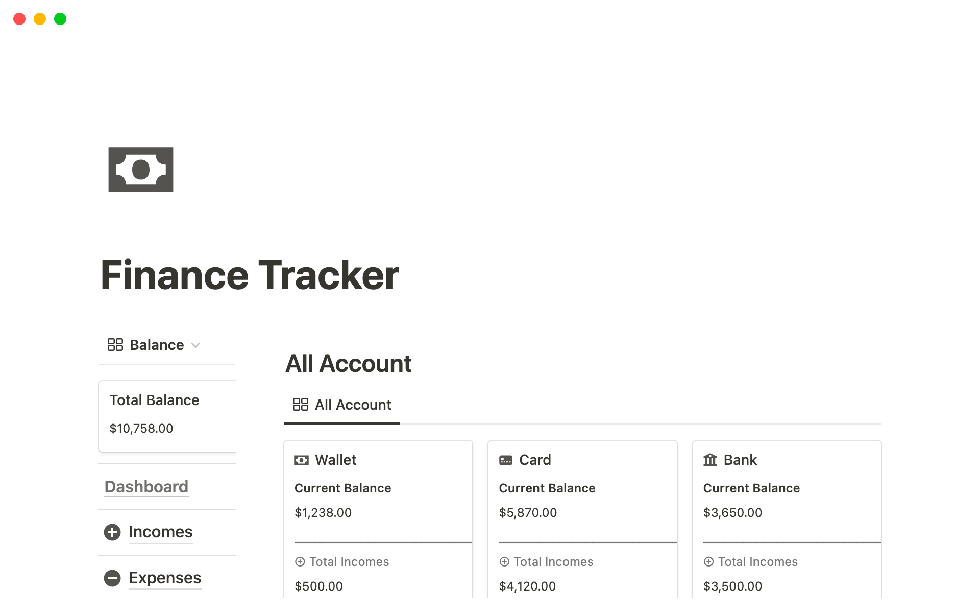 Vista previa de una plantilla para Finance Tracker Notion Template