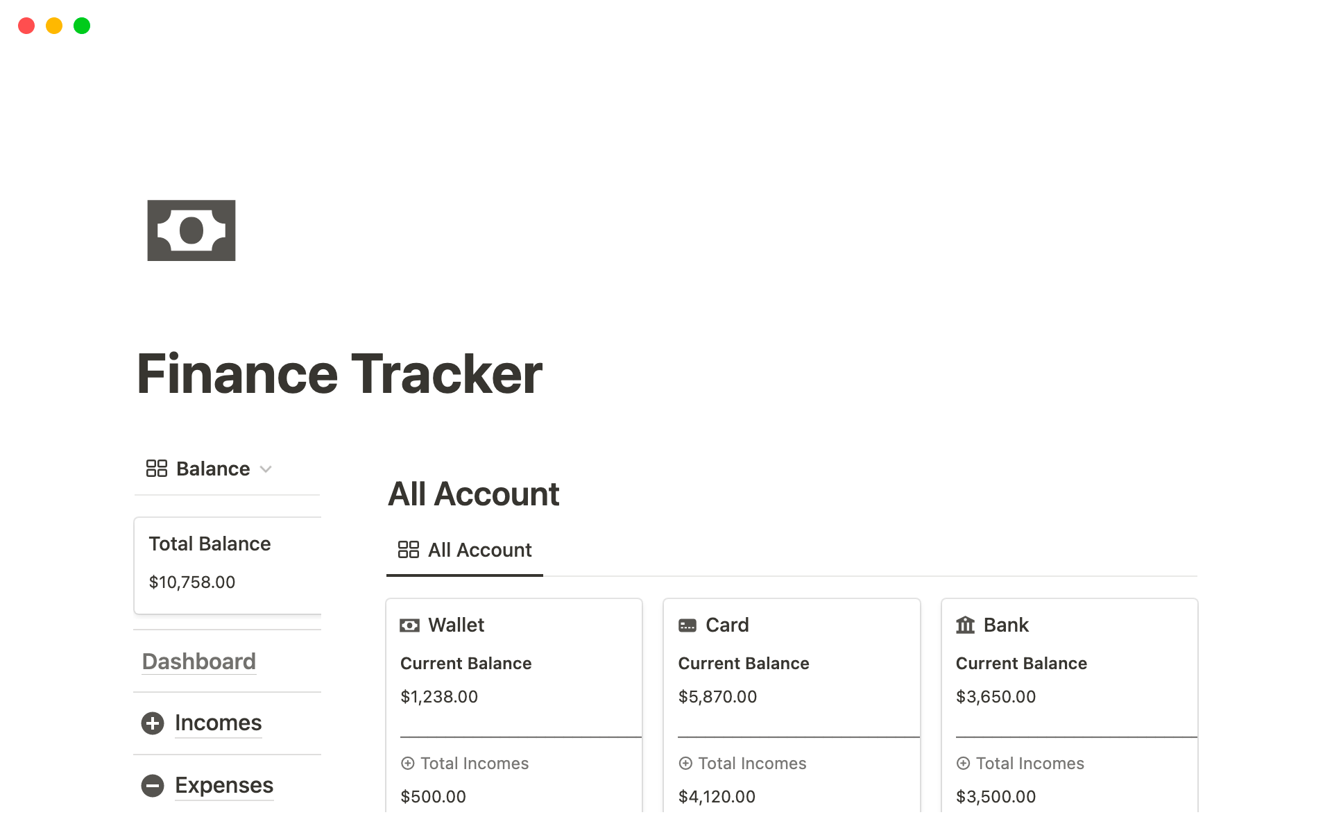 En forhåndsvisning av mal for Finance Tracker Notion Template