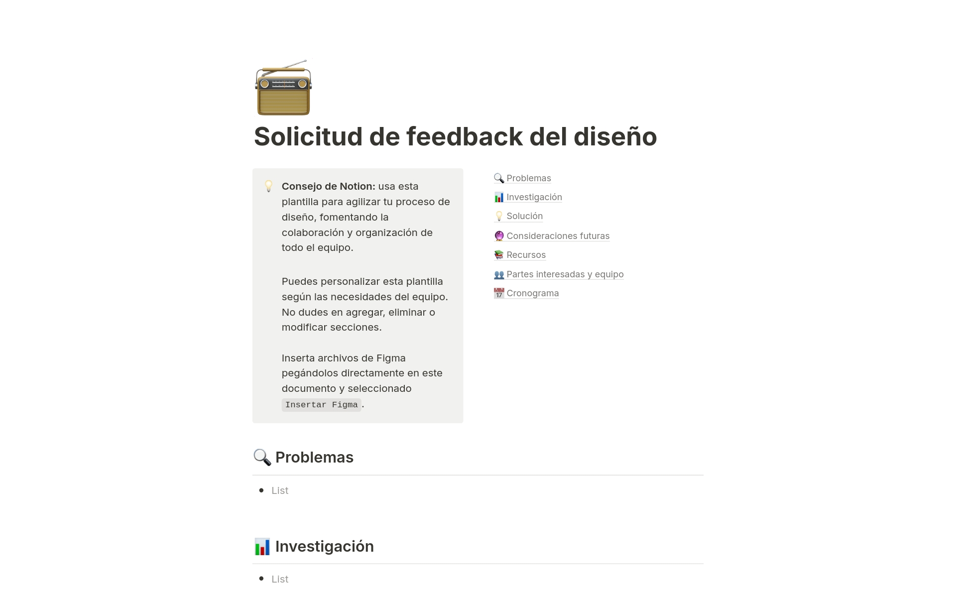 Vista previa de una plantilla para Solicitud de feedback del diseño
