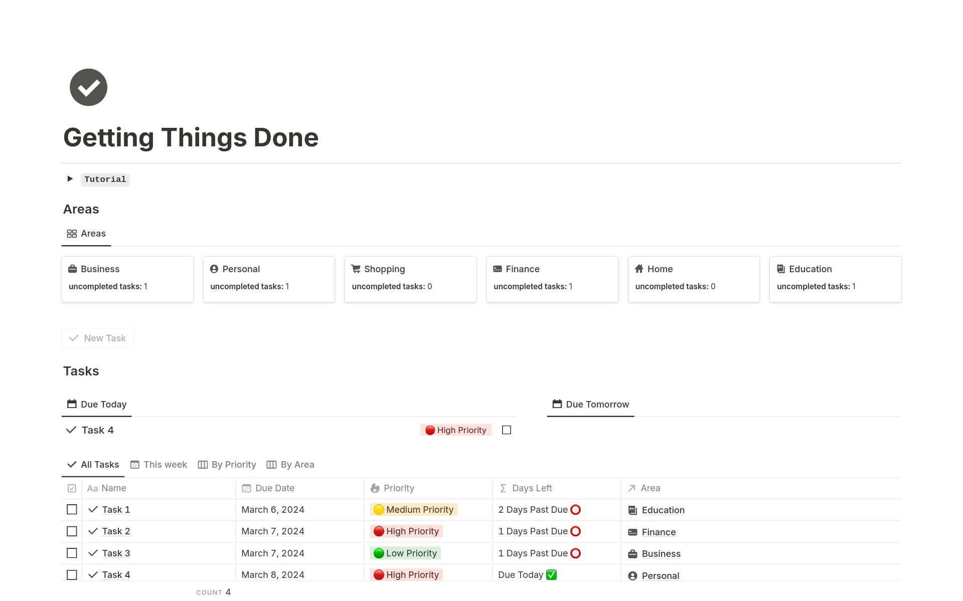 A template preview for Getting Things Done (GTD)