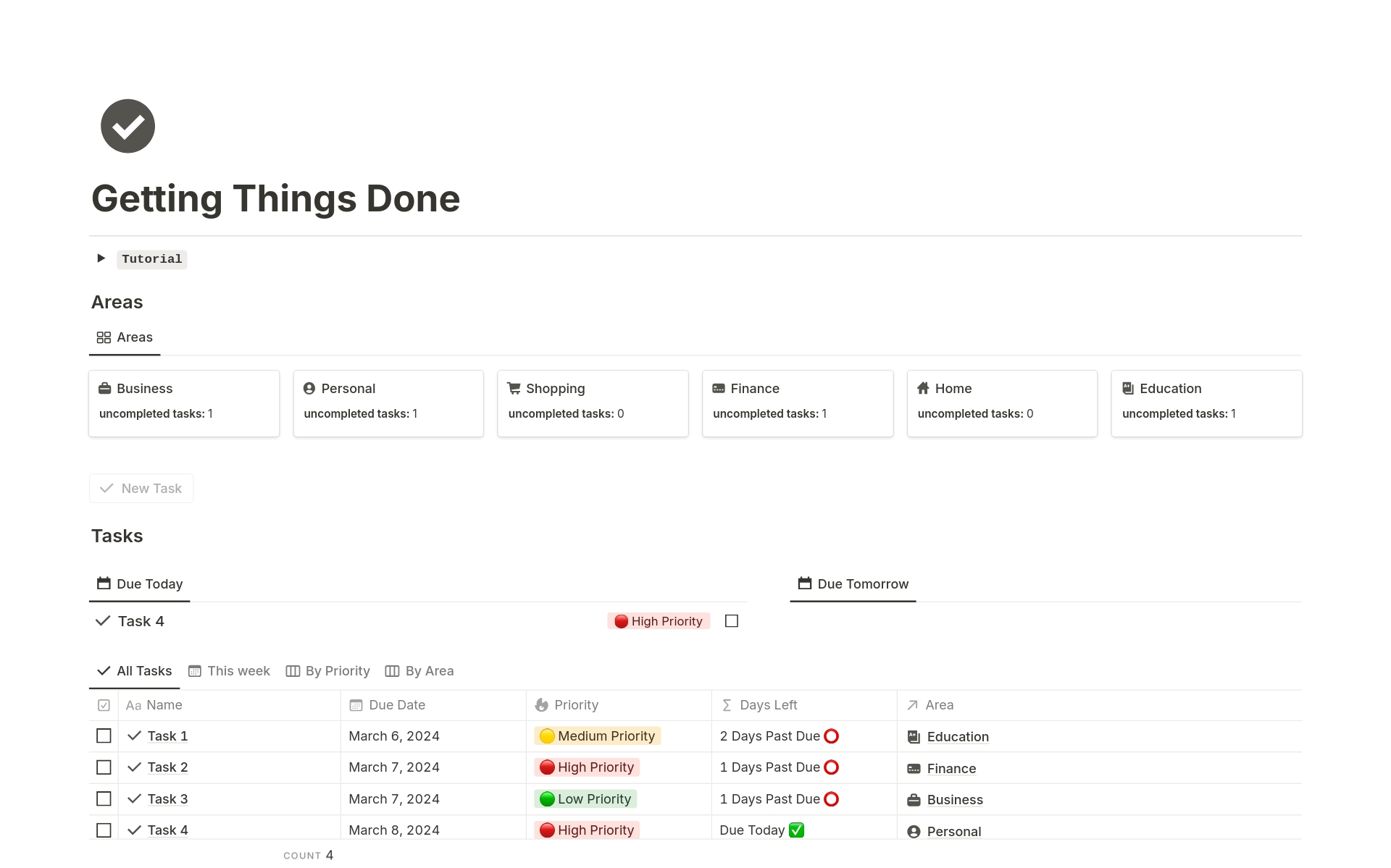 Vista previa de plantilla para Getting Things Done (GTD)