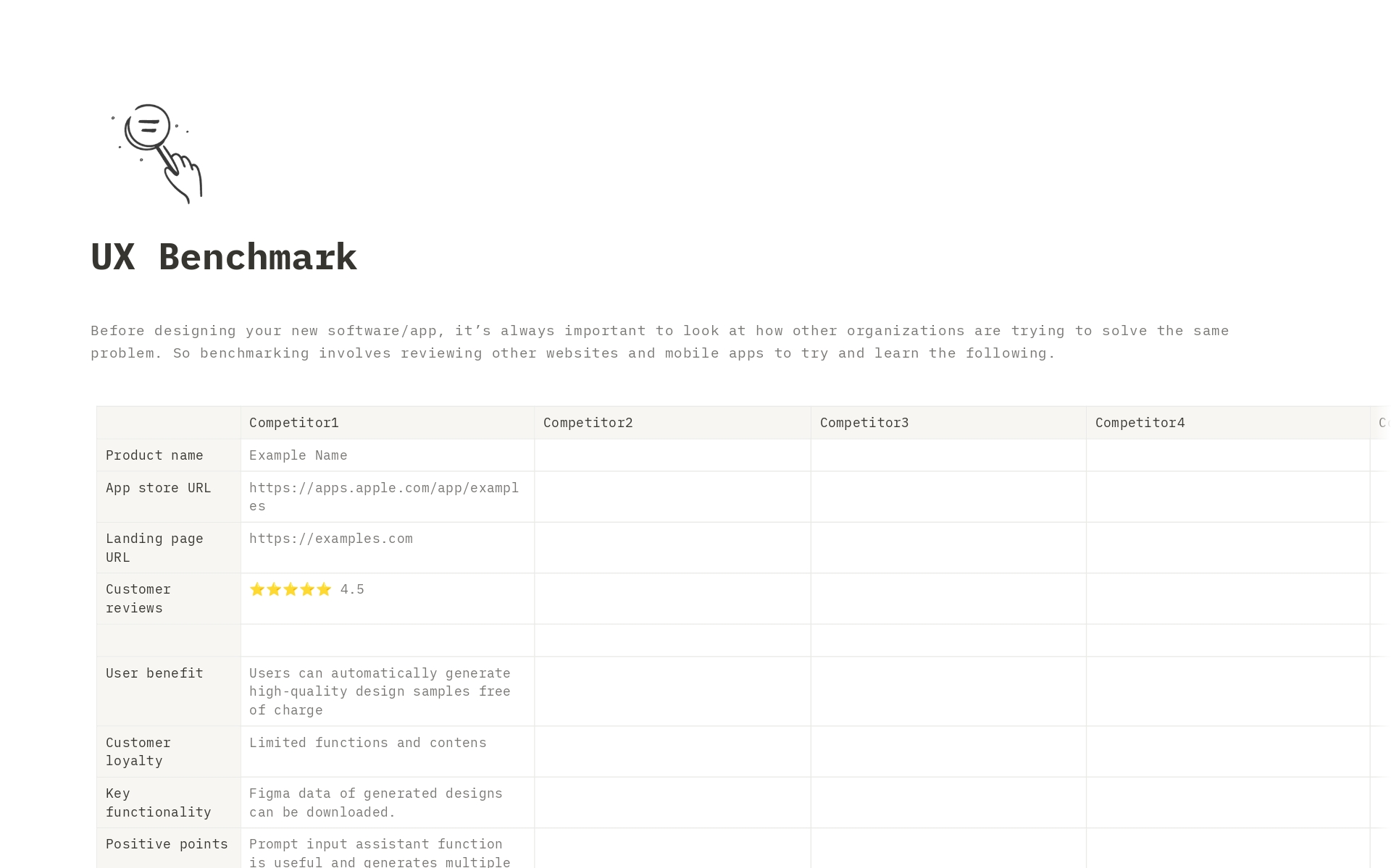 This is a professional and practical UX benchmark template to help you make your product successful!