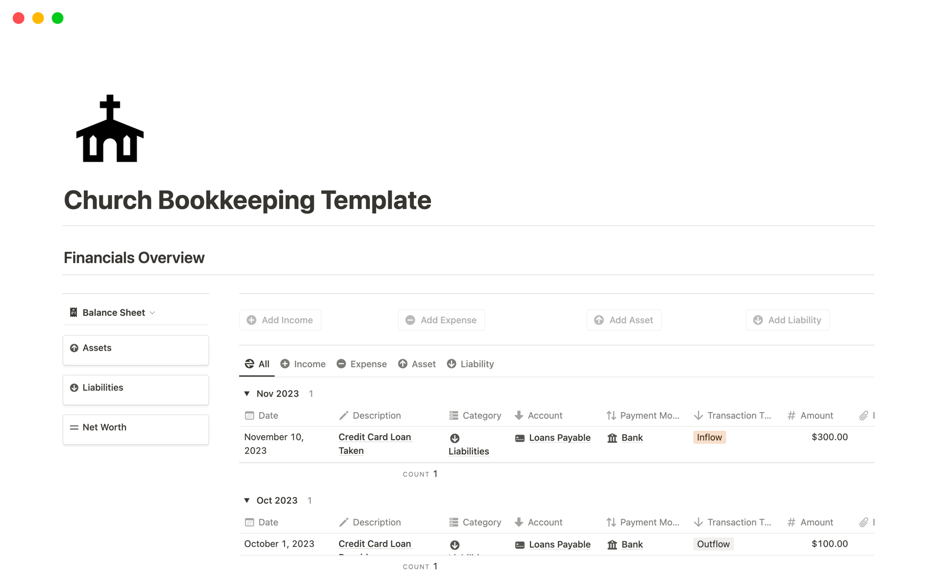 This bookkeeping template provides best solution for churches to manage their business finances, produce income statement, balance sheet, cash flow statement and much more on a periodical basis.