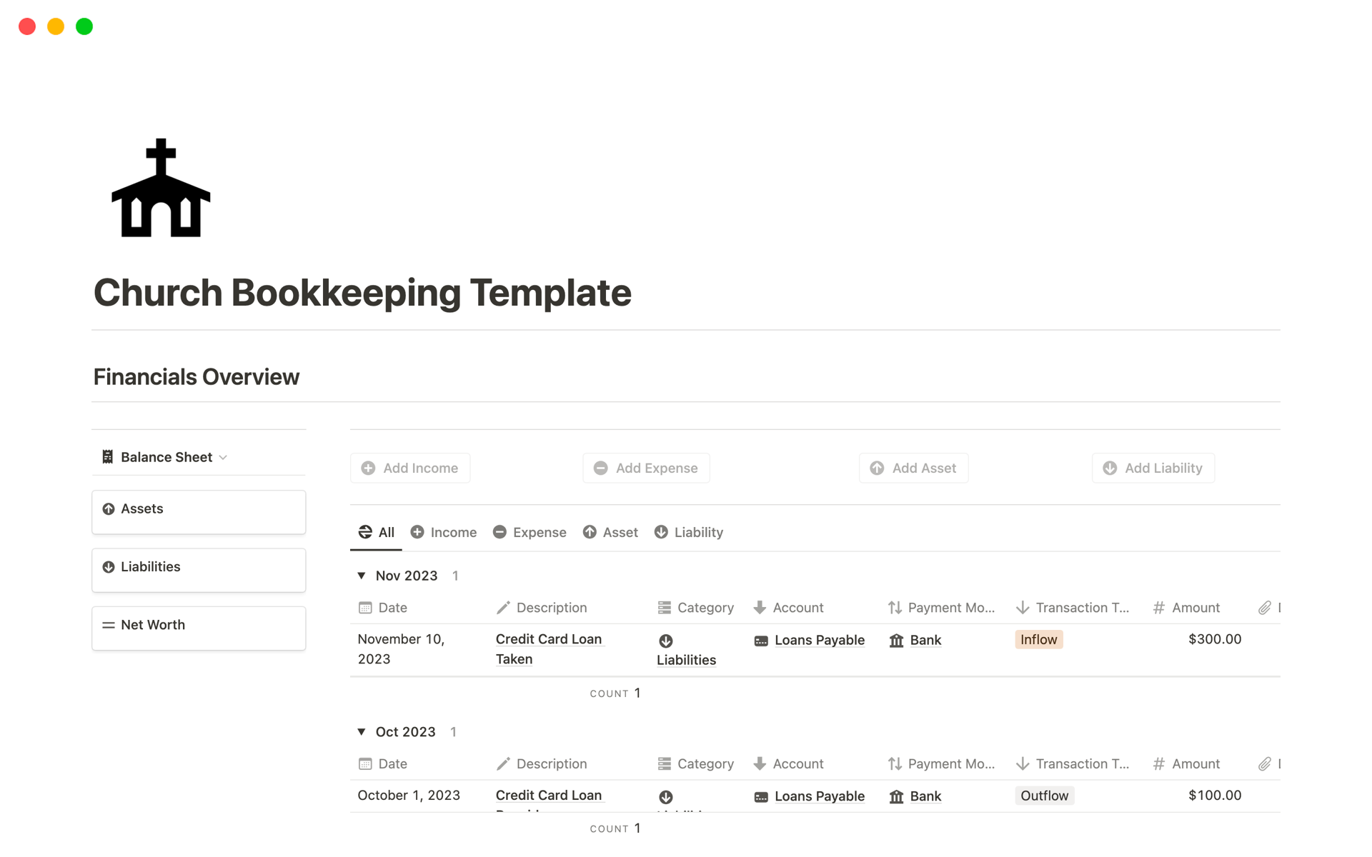 Church bookkeeping template notion marketplace