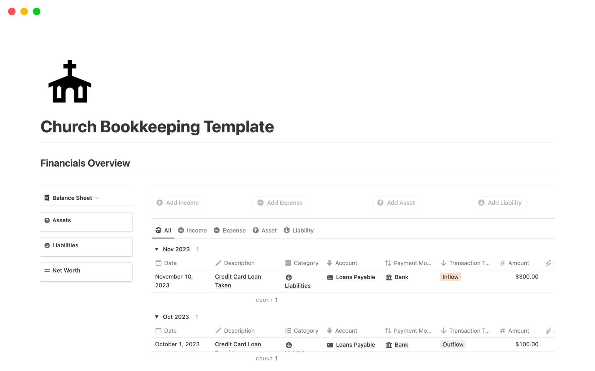 Uma prévia do modelo para Church Bookkeeping