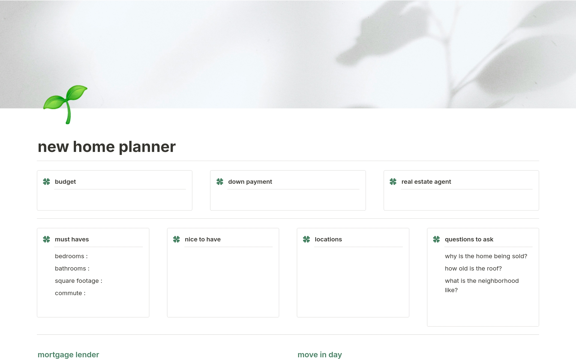 A template preview for New Home Planner 
