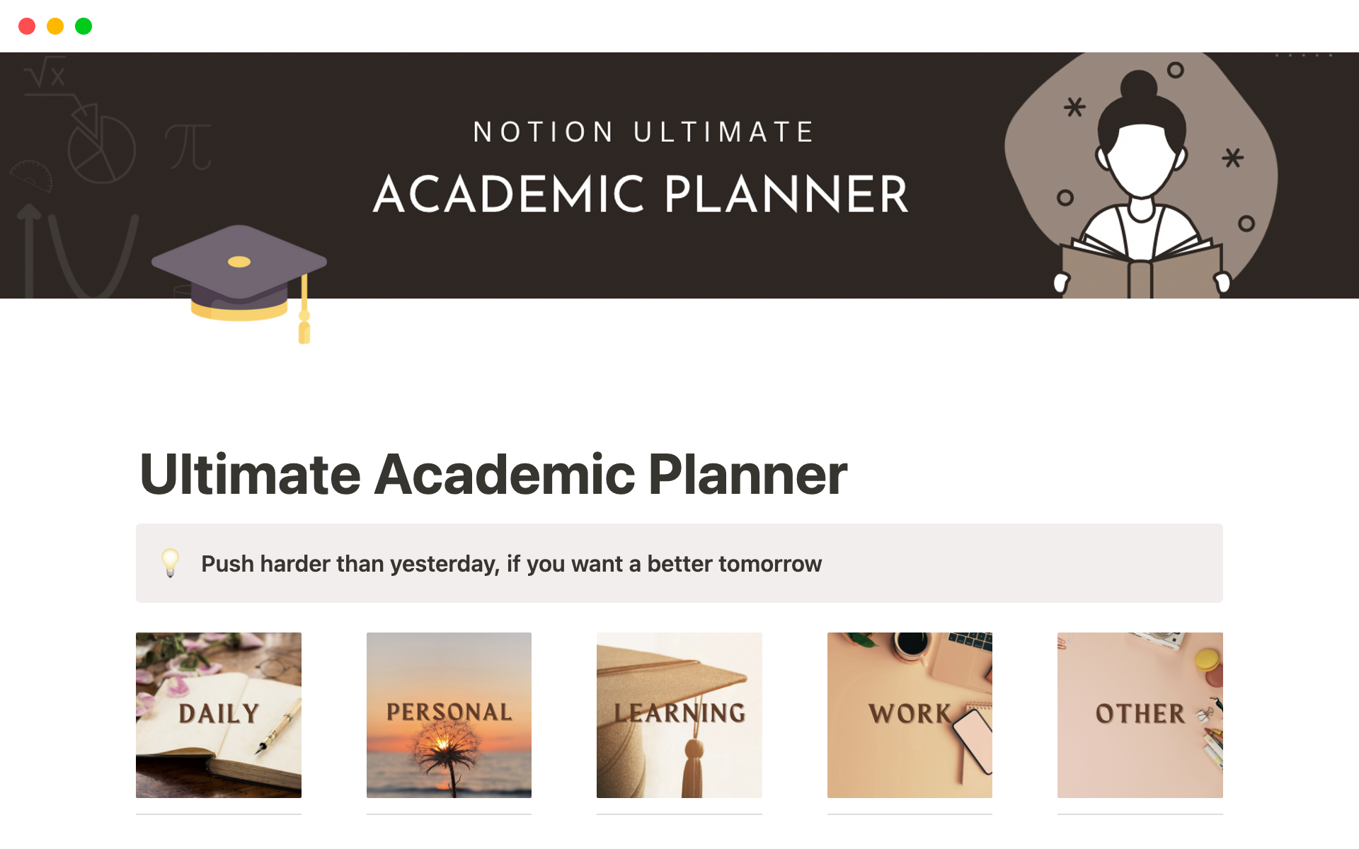 Uma prévia do modelo para The Best Ultimate Academic Notion Planner - All In One