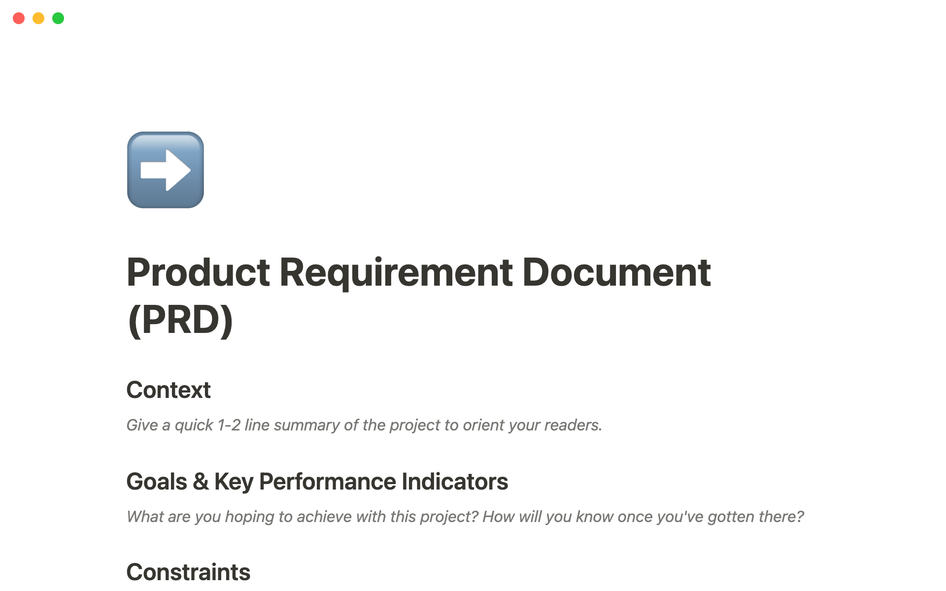 A template preview for Product requirement document (PRD)