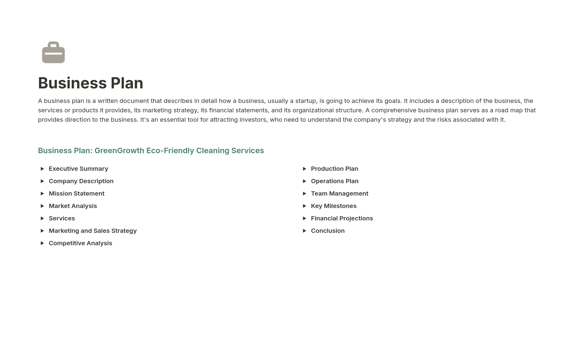 Eine Vorlagenvorschau für Business Plan