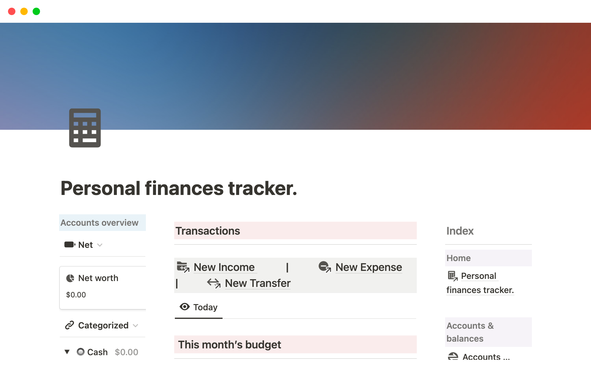 A template preview for Personal finances tracker