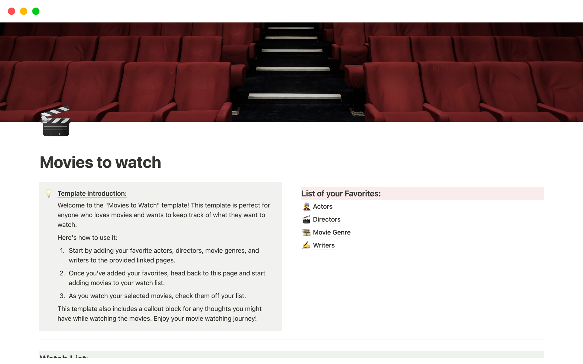 A template preview for Movies tracker with Notion  
