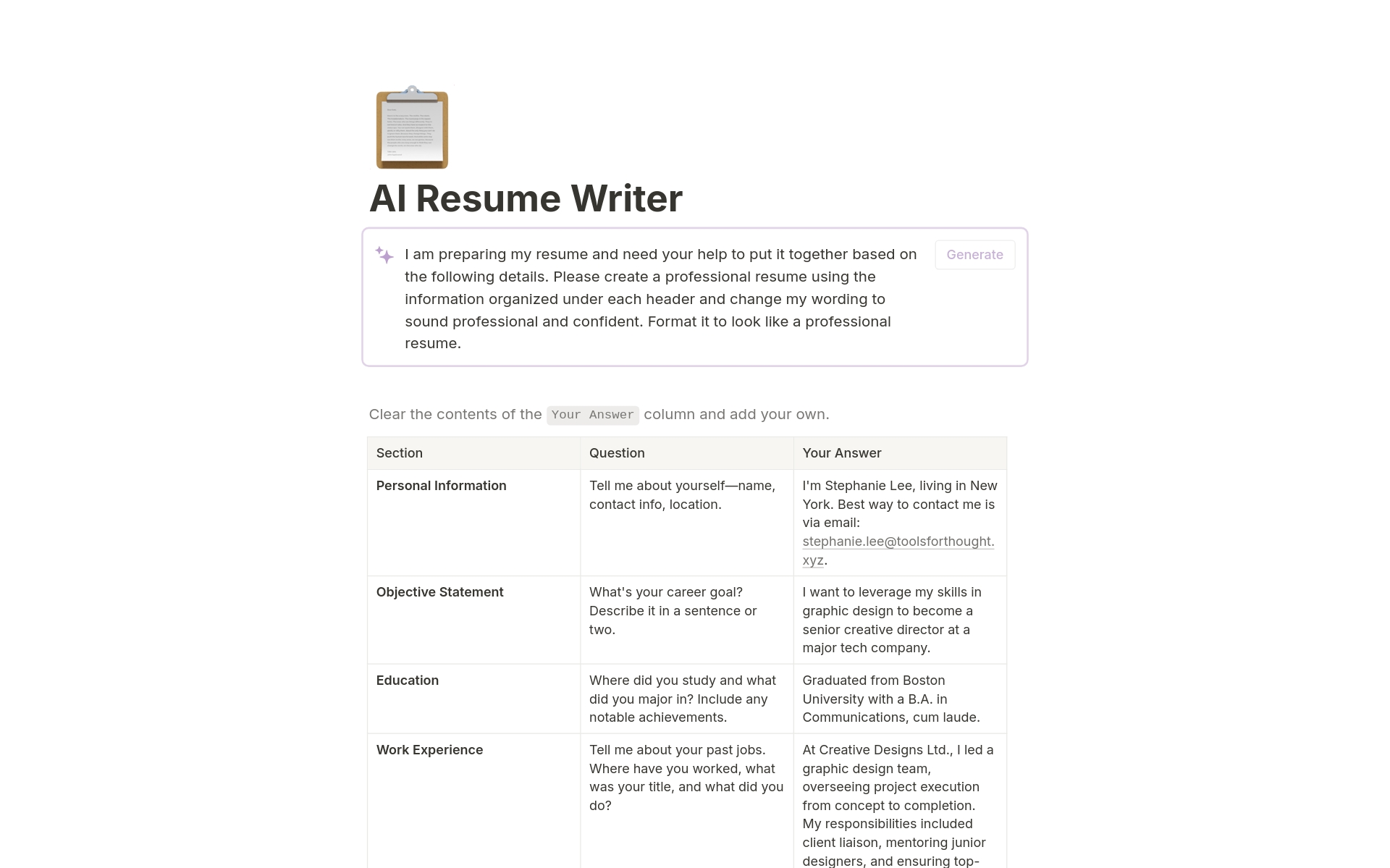 Enhance your job application with Notion AI Resume Writer. Quickly input your career details and let AI transform them into a polished, professional resume tailored to your industry. Perfect for anyone looking to streamline their job search.