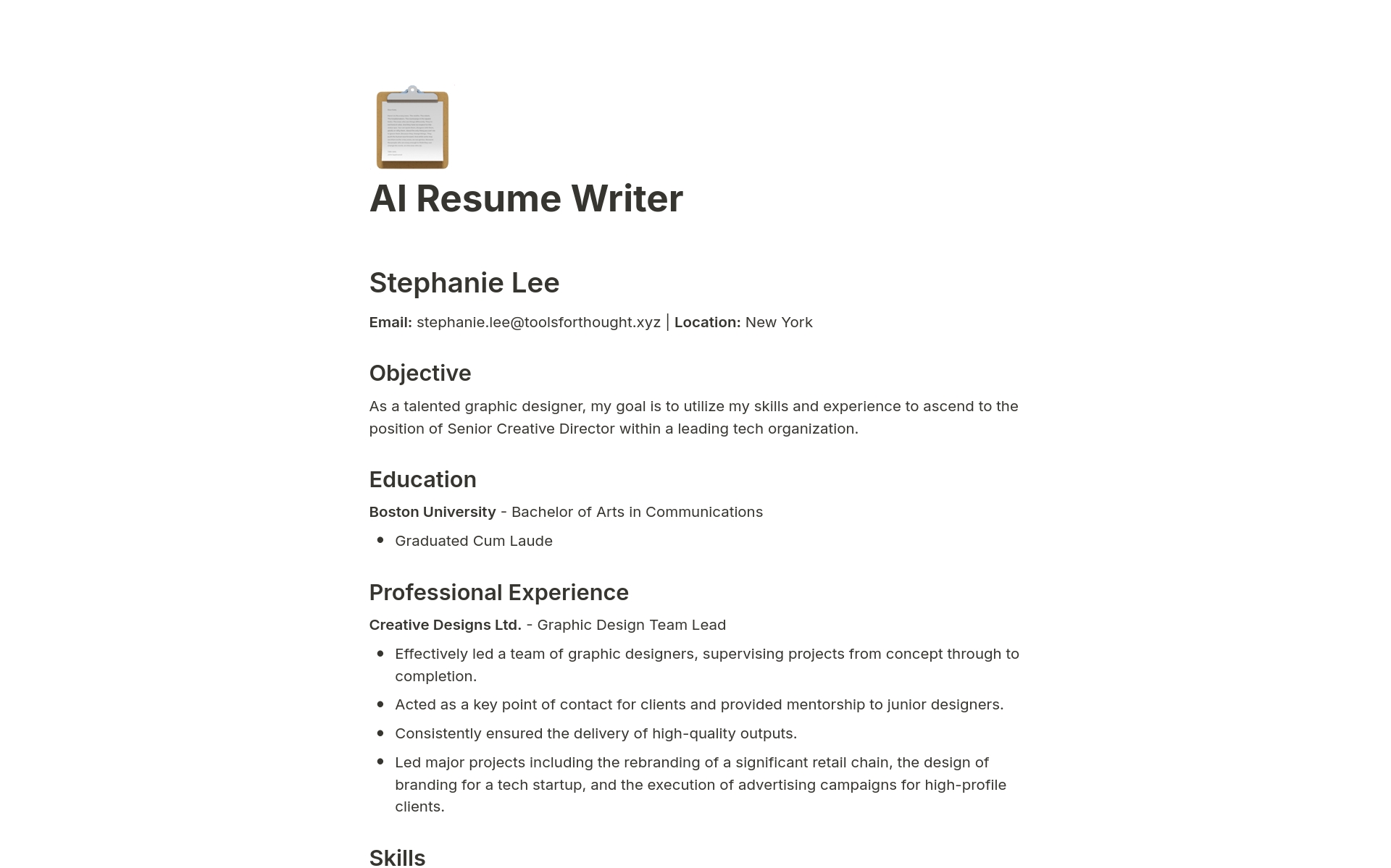 Enhance your job application with Notion AI Resume Writer. Quickly input your career details and let AI transform them into a polished, professional resume tailored to your industry. Perfect for anyone looking to streamline their job search.