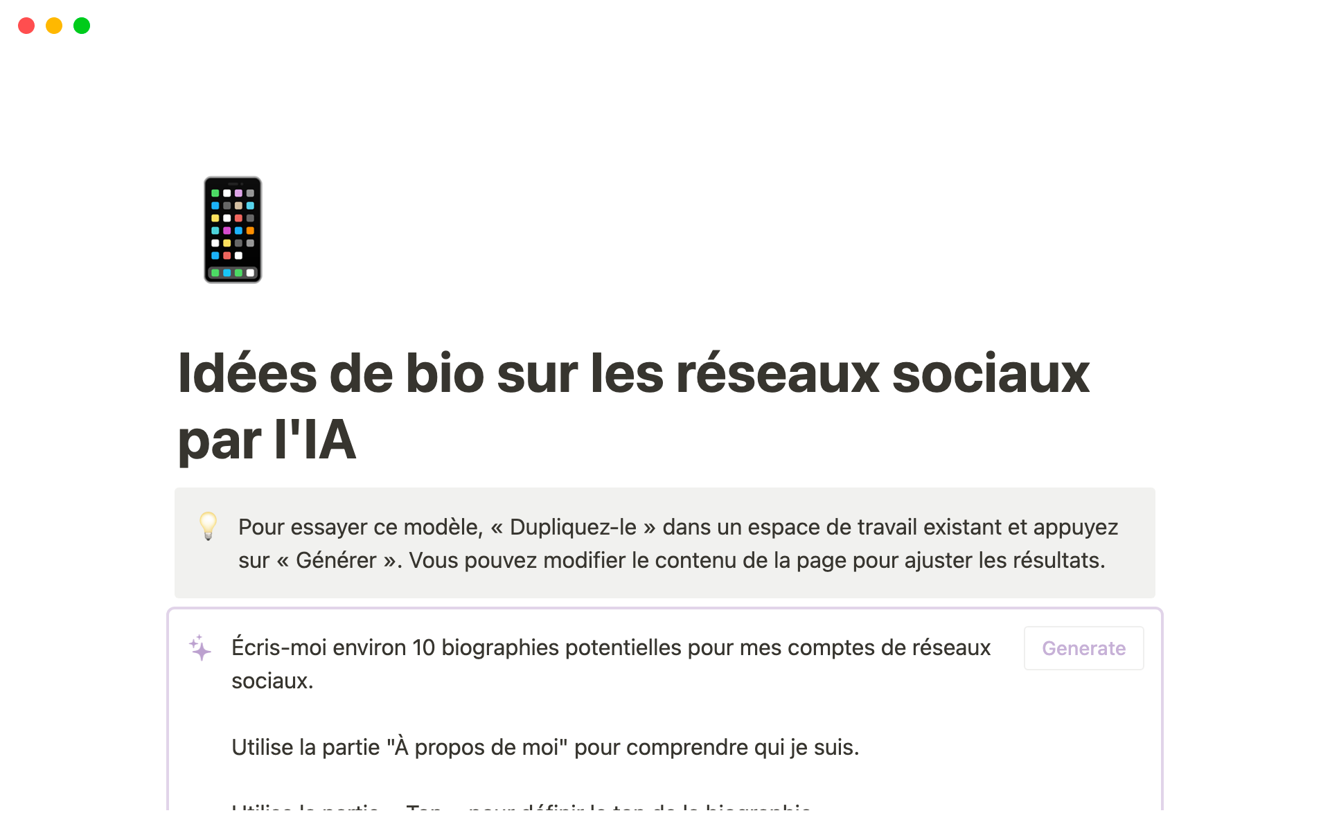 Aperçu du modèle de Idées de bio sur les réseaux sociaux par l'IA