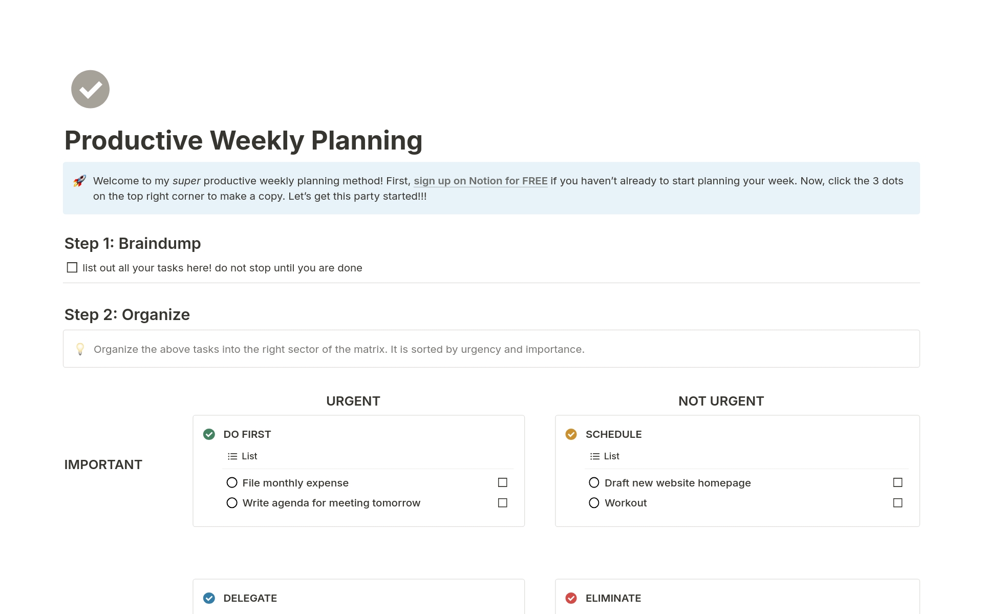 A template preview for Productive Weekly Planning